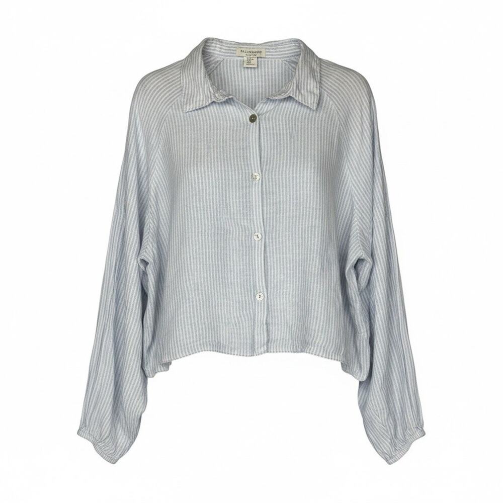 Rachel Zoe Women’s XL 100% Linen Button Front Blouse Blue White Stripe Top